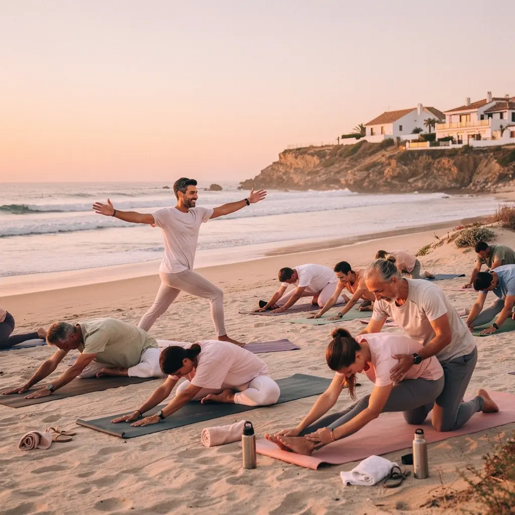 Atleta relajándose en una postura de yoga, enfatizando la importancia de la recuperación post-entrenamiento.