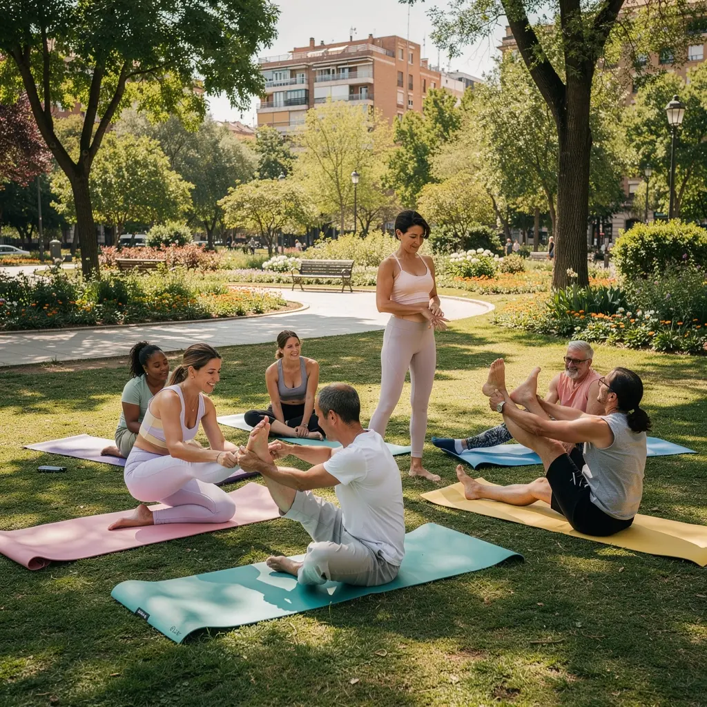 Clase de yoga al aire libre con participantes realizando ejercicios de restauración muscular.