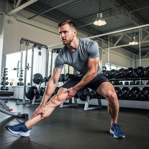 Persona en una colchoneta de yoga, estirando los músculos de las piernas para aliviar la tensión post-entrenamiento.